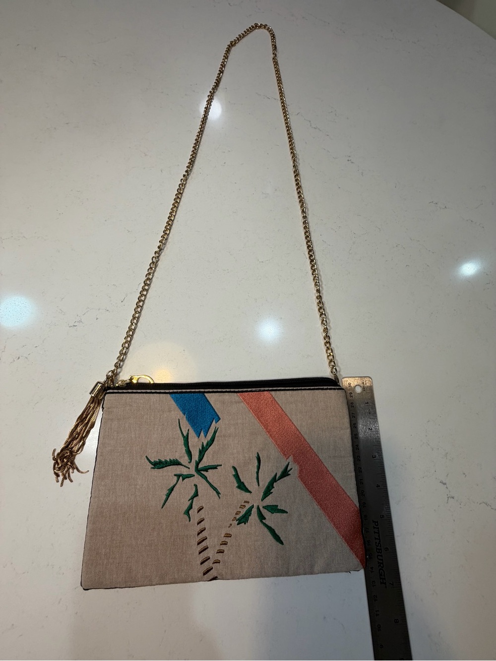 Beige Linen Palm-Embroidered Crossbody Clutch - Unbranded